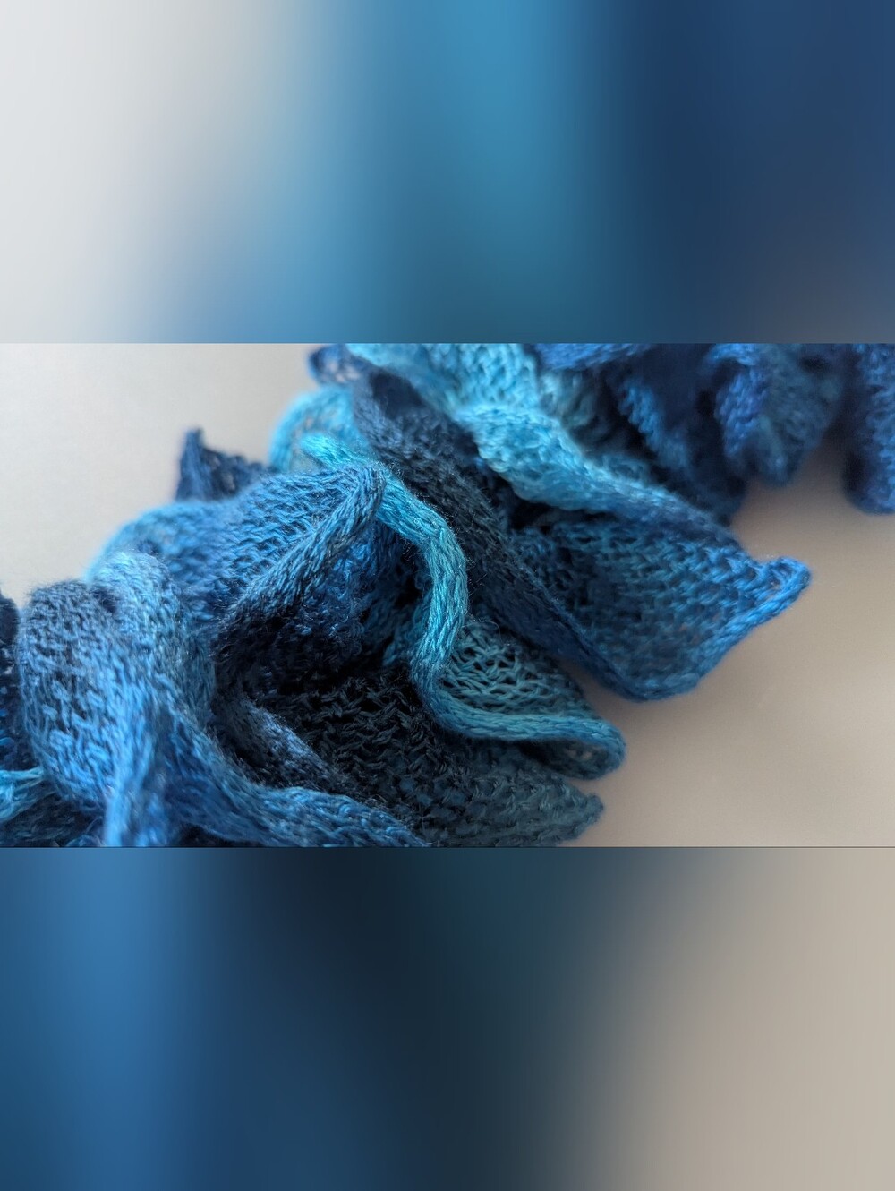Multicolor Handmade Crocheted Fashion Ruffle Scarf Shades of Blue Teal 60" Long - Picture 13 of 14